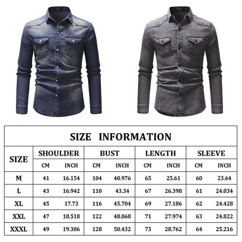 Men\'s Vintage Denim Shirt Solid Long-sleeved Lapel Casual Slim Fashion Washed Cotton Shirt Western Cowboy Business Shirt Tops