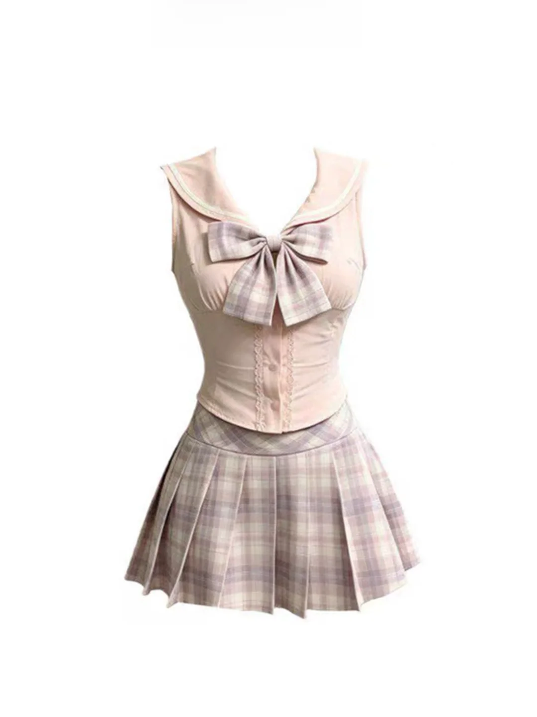 Sweet Pure Desire Pink Sakura Girl Navy Collar Shirt High Waist Slim A-Line Pleated Skirt Two-Piece Set Women's Fashion Ensemble