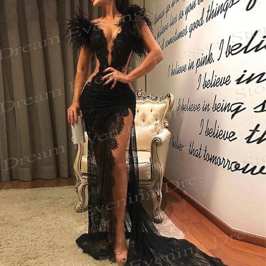 Sexy Black Mermaid Temperamental Evening Dresses Sleeveless Lace Appliques V Neck Prom Gowns With High Side Split Robe De Soiree