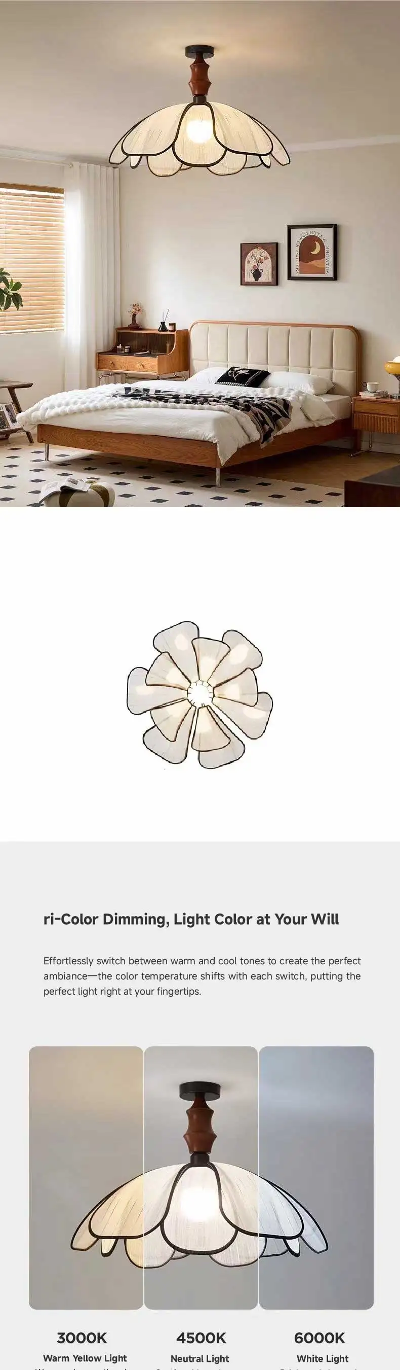 Bedroom French E27 Ceiling Light Abaca Oak Petal Mounted