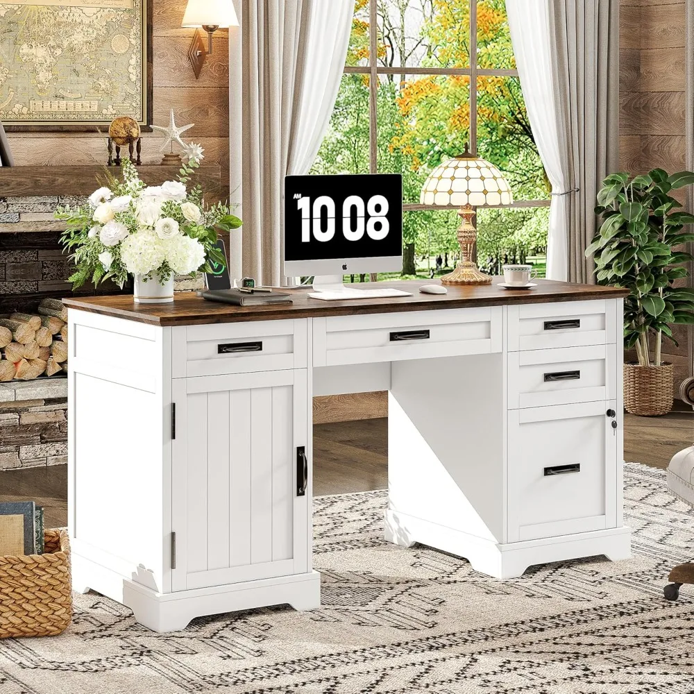 55'' Farmhouse Executive Desk, Home Office Desk with Drawers, Wood Computert File Cabinet and Power Outlets, White