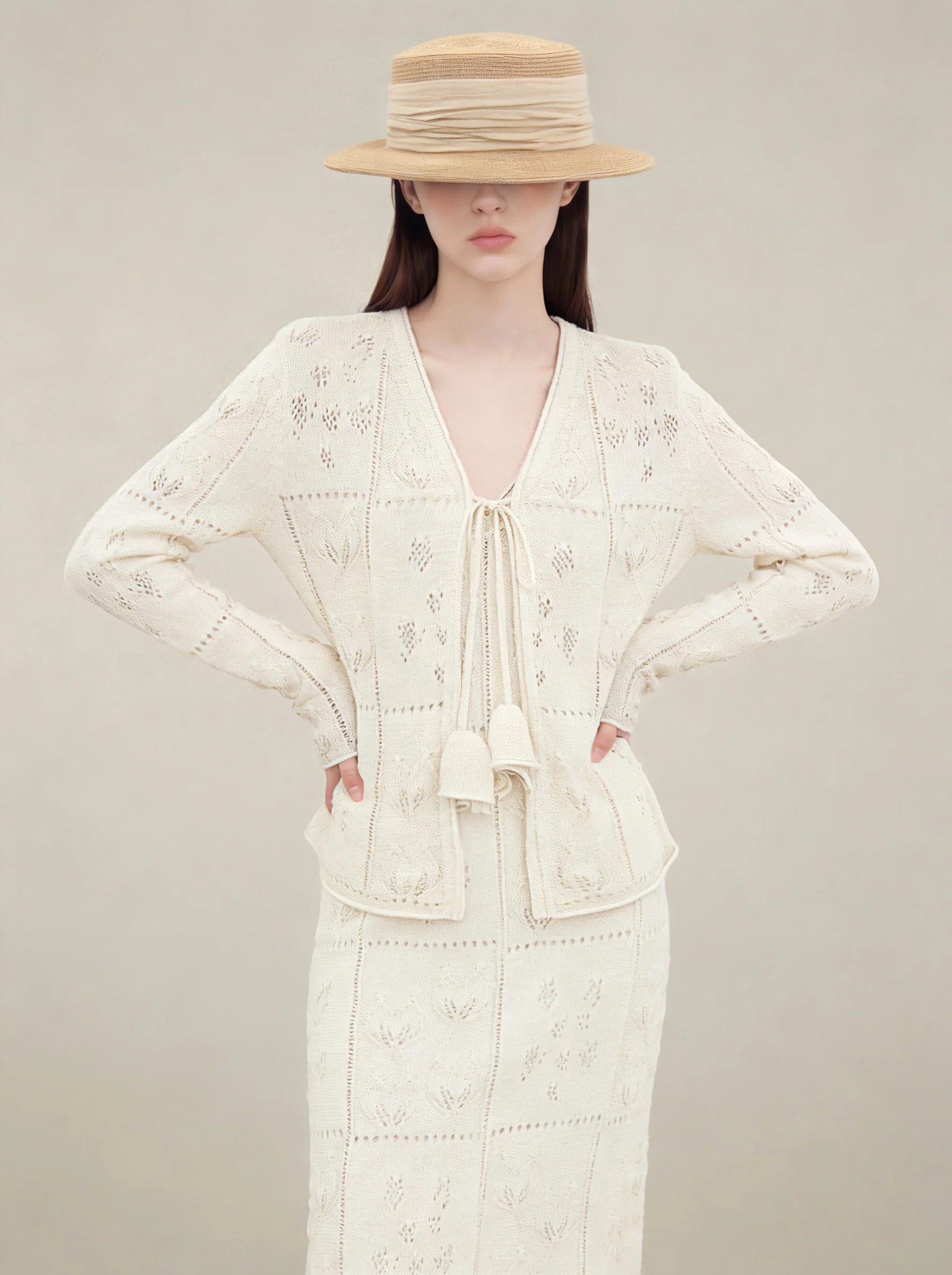 

White Knitted Open Cardigan And Strap Dress Set Casual Style Hollow out Design High Waist Length Sleeve round Neck Two Piece Set