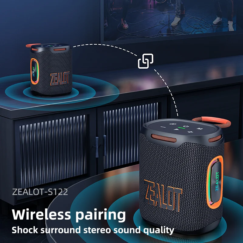 Zealot-S122 سمّاعات بلوتوث BT5.3 لاسلكي IPX6 مكبر صوت مقاوم للماء، صوت ستيريو HiFi 25 وات، إقران TWS، وقت تشغيل الموسيقى 20 ساعة