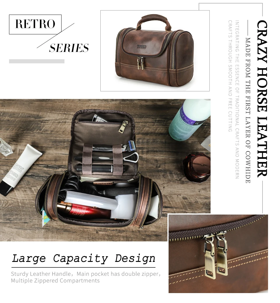 Männer Echtes Leder Reise Business Kulturbeutel Rasieren Tasche Frauen Retro Kosmetik Waschen Dusche Organizer Handtasche Große Kapazität – Detail 2