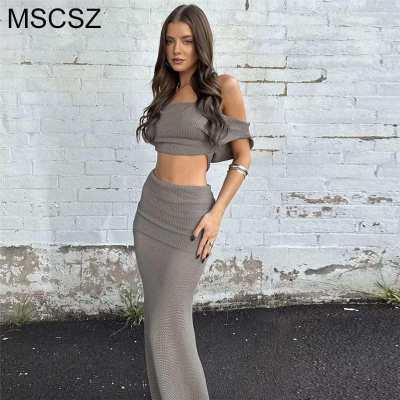 MSCSZ Maxi Skirt And Top Two Piece Set For Women Hollow Out Summer Outfits Women Sexy Rave Club Outfits