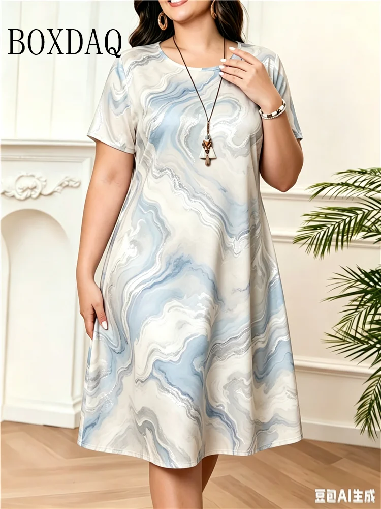 Marble Print Dresses For Women Summer Clothing Fashion Plus Size Short Sleeve Dress Casual Tie Dye Abstract Loose Home Dresses
