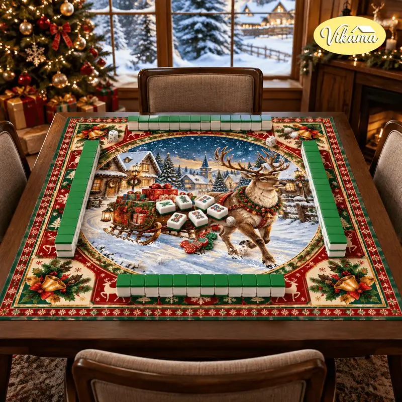 VIKAMA Christmas Mahjong Mat Reindeer Sleigh Snowy Town Washable Folding Mahjong Tablecloth Table Pad Xmas Home Decor