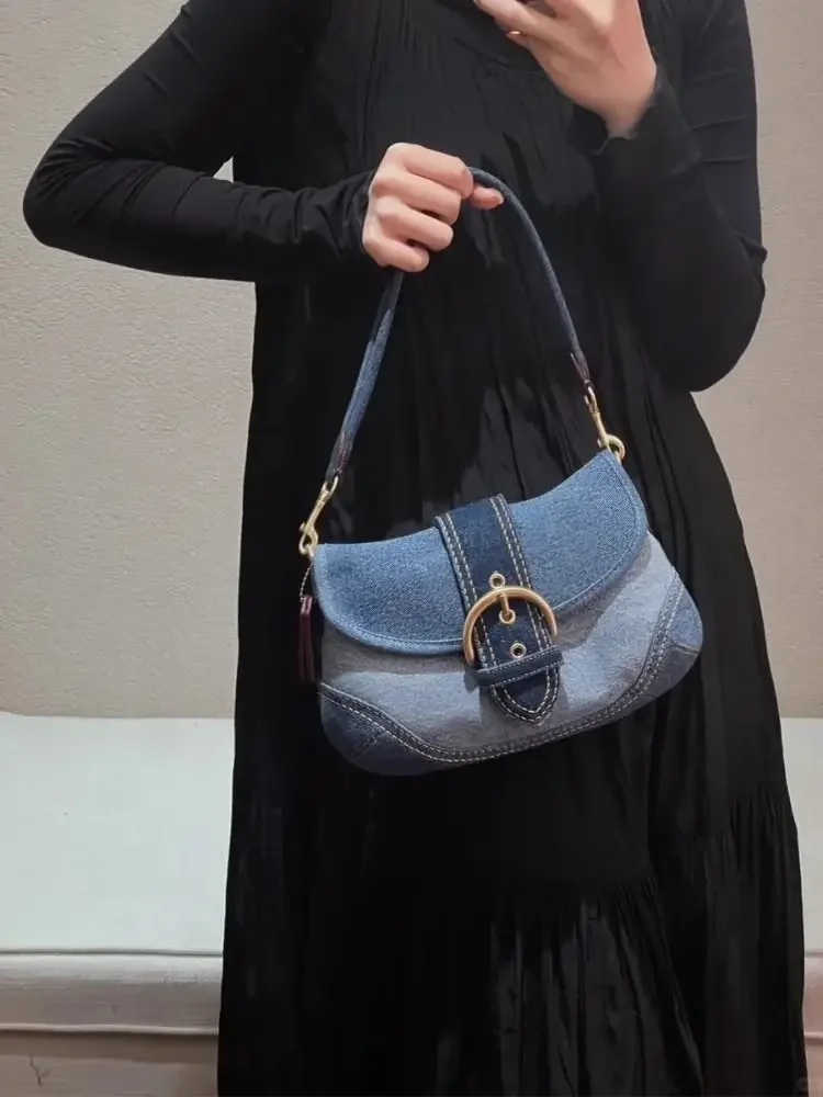 Cowboy Underarm Bag for Women\'s 2024 New Trendy High end Texture Small Popular Commuter Retro Spliced Shoulder luxurious Handbag