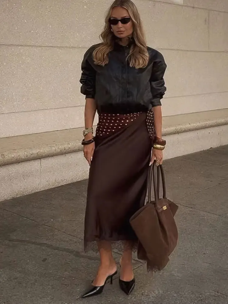 HH Women Fashion Lace Hem Skirt Elastic Waist Slim Straight Midi Skirt Woman Elegant Evening Club Party Lady Chic Skirt