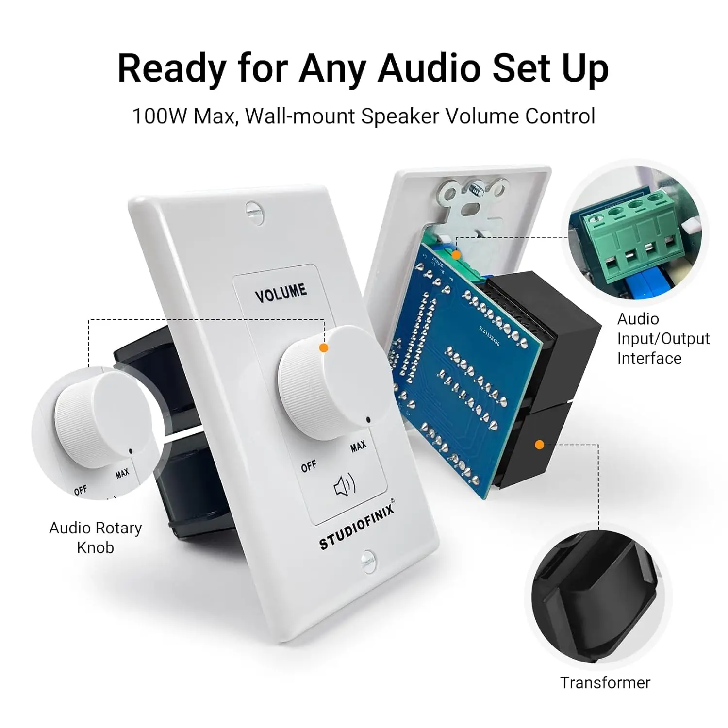 مقبض التحكم في مستوى الصوت في الحائط بقدرة 100 وات من STUDIOFINIX - وحدة تحكم ستيريو متطابقة المقاومة لمكبرات الصوت الداخلية والخارجية للمسرح المنزلي #5