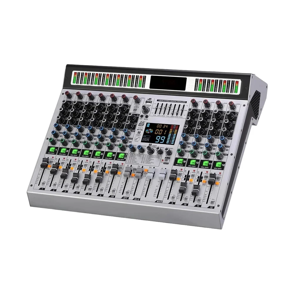 Professional 12-Channels 99DSP DJ Audio Mixer BT Mixing Console USB Sound Card Interface 48V for PC MP3 Microphone Recording