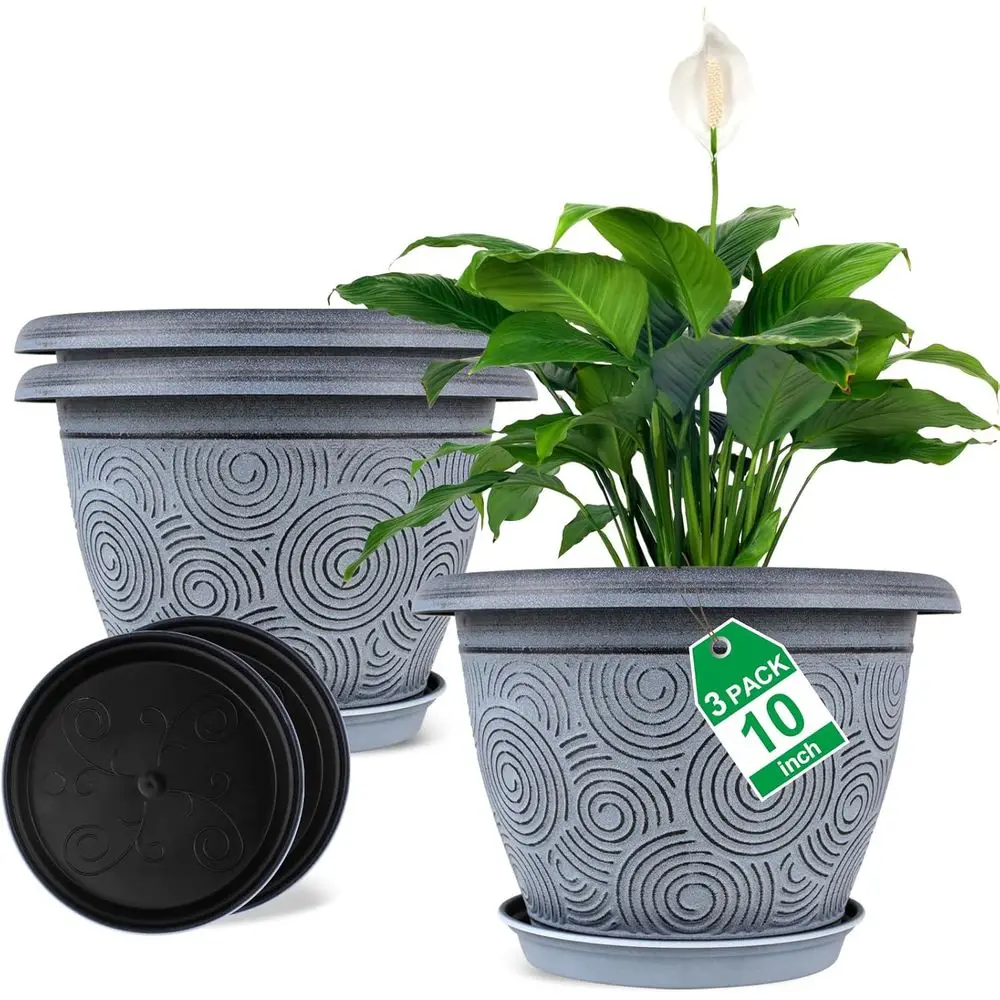 3 Pack 10 Inch Plastic Planters with Drainage and Tray for Indoor & Outdoor Use