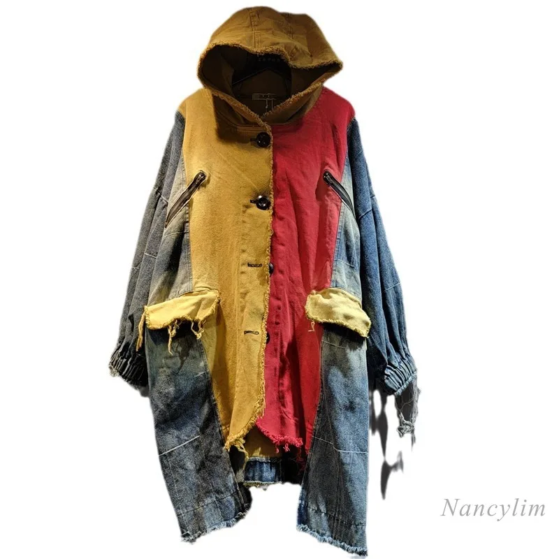 Personalized Fashion Irregular Stitching Contrast Color Denim Mid-Length Hooded Coat for Women 2024 Autumn Fashion Coats