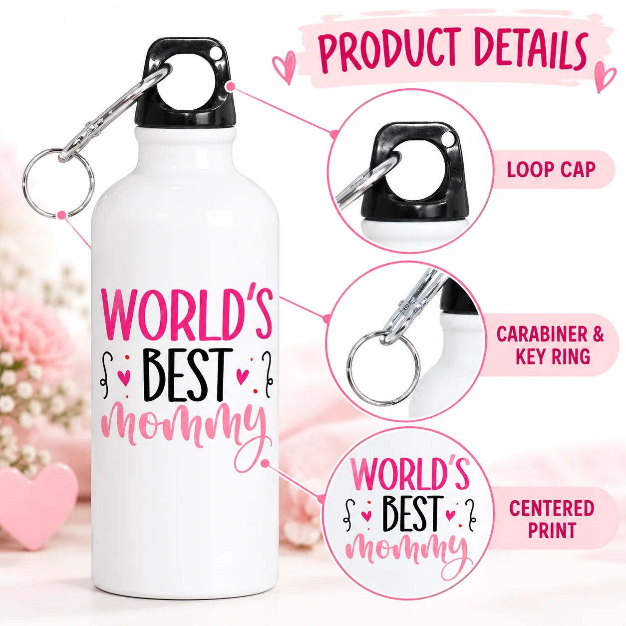 World's Best Mommy Sublimation Aluminum Water Bottle, Portable Leakproof Water Flask with Carabiner Clip, Mother’s Day Birthday