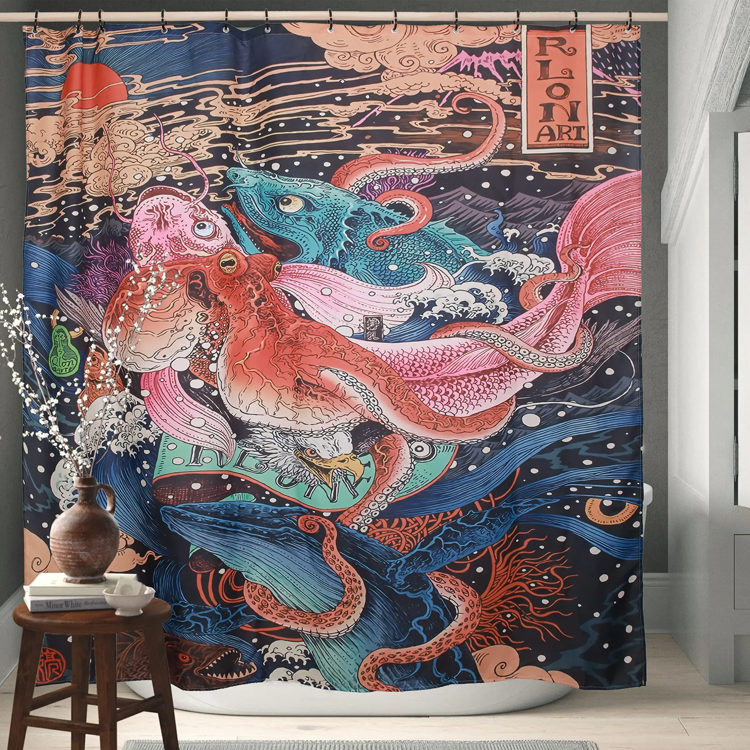 Shower Curtain,Japanese Blue Ukiyoe Sunrise The Grave Waves Brave Whale Ocean Unique Octopus Monster Shower Curtain Bathroom Set