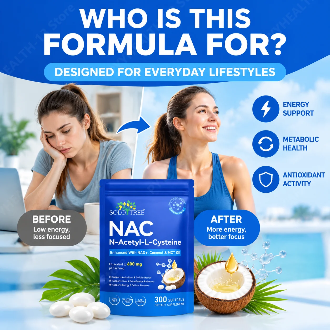 NAC Soft Capsules Provide Daily Energy Support To Promote Metabolic Health and Antioxidant Activity NAD Coconut Oil 300 100 Days