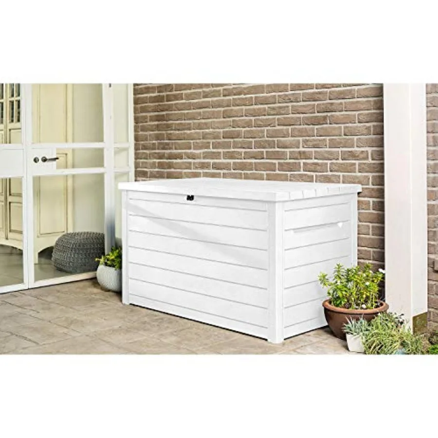 Outdoor patio deck storage box for 230-gallon capacity, XXL size, white polypropylene resin, weather-resistant and lockable view 2