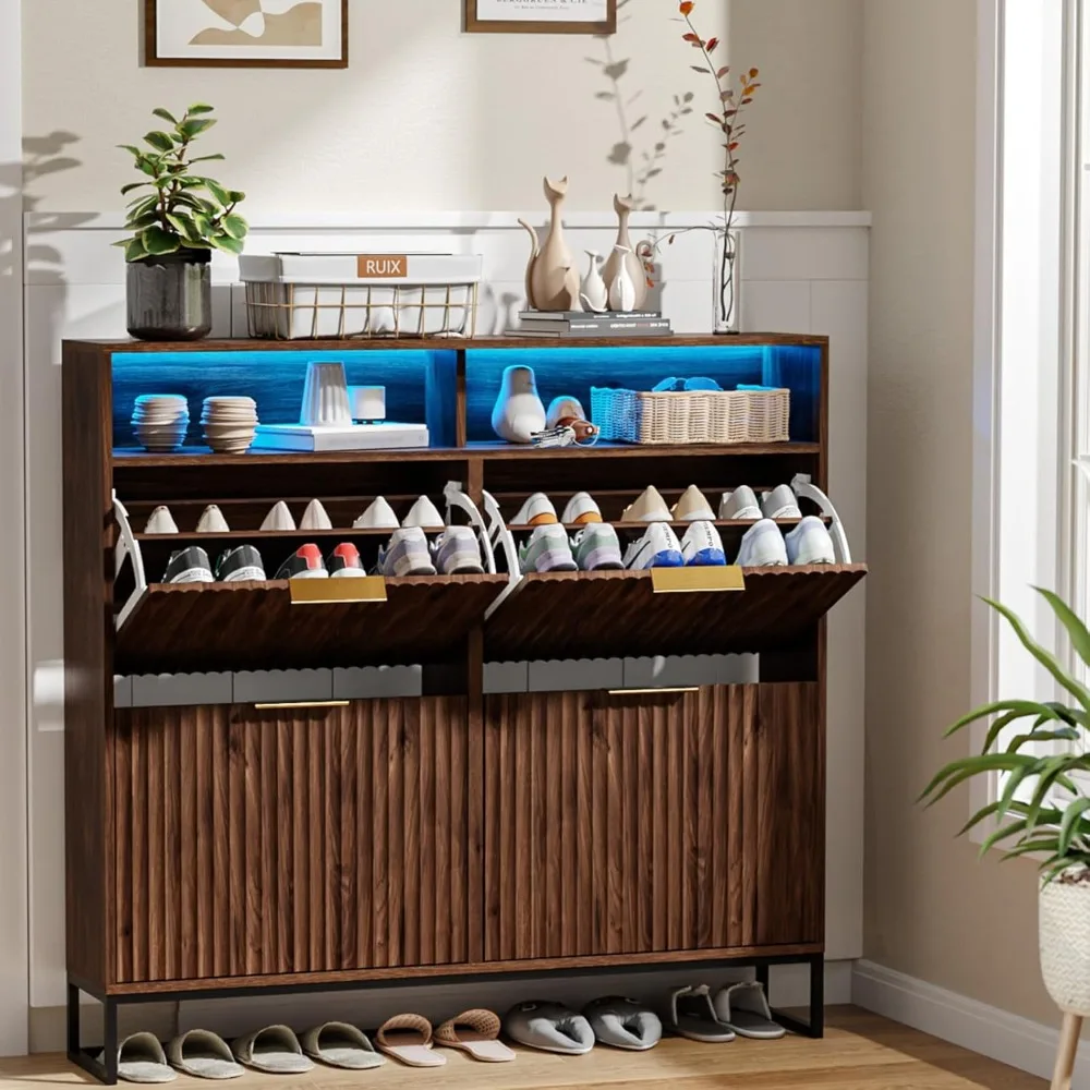 

Рифленый шкаф для хранения обуви для прихожей, скрытый шкаф для хранения обуви с 4 откидными ящиками, современная полка для обуви середины века с LE