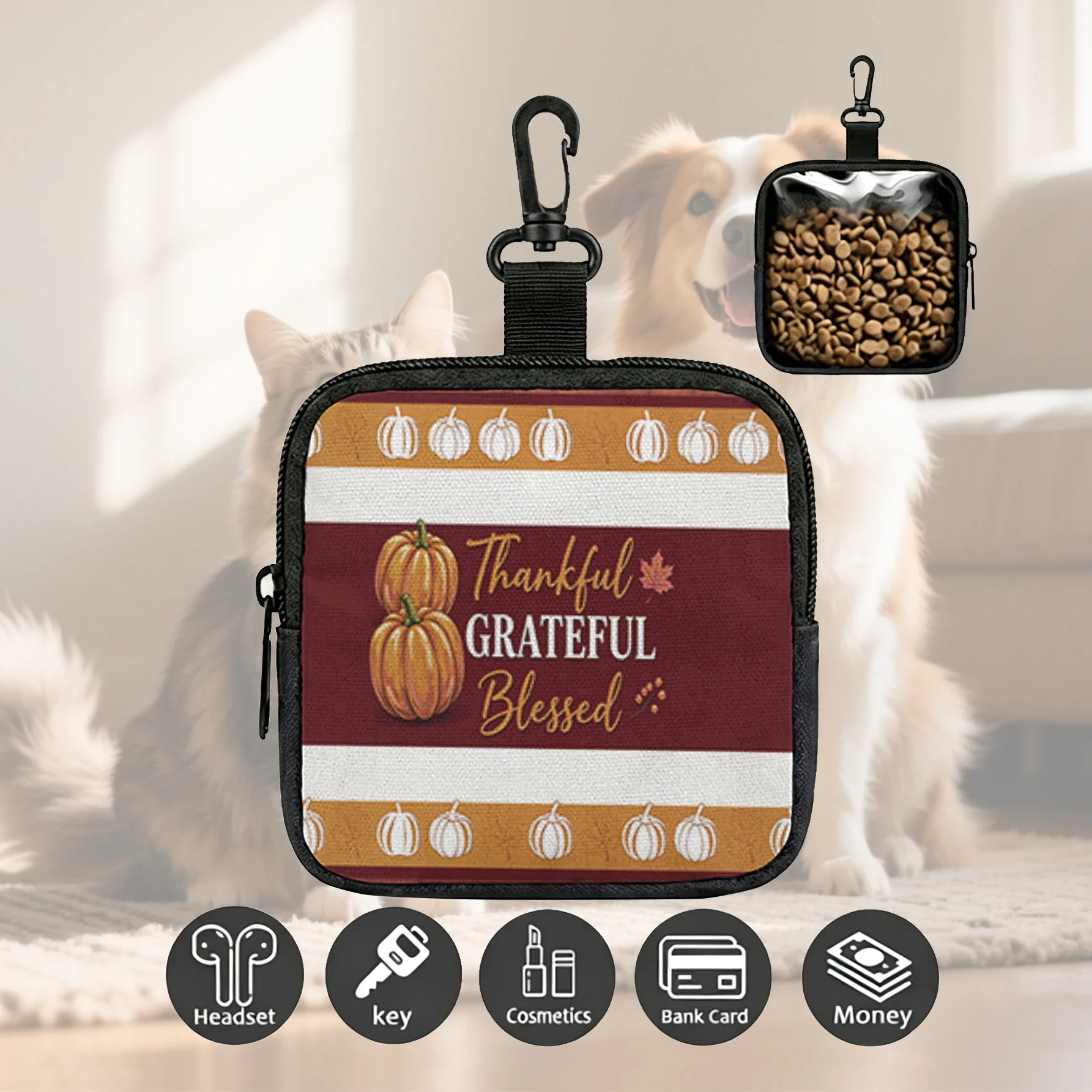 Thankful Grateful Blessed Pumpkin Print Mini Zipper Pouch With Carabiner, Portable Storage Bag For Pet Treats Earphone Coin