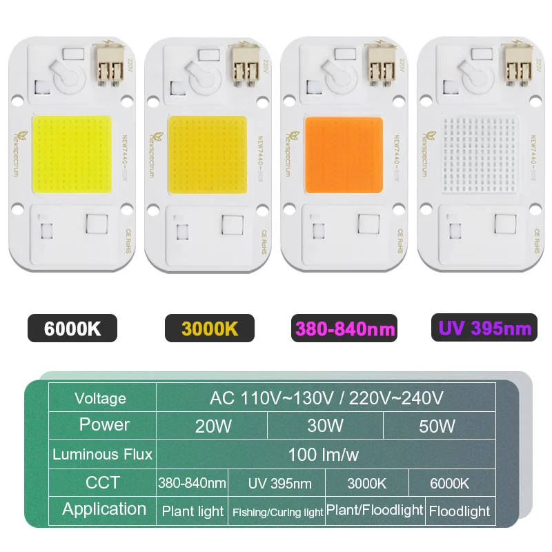 40 PCS Min Order Driverless Chip LED COB 50W 20W 30W Solderless Flood Light Beads Spotlight Outdoor Lamp Chip COB LED 220V