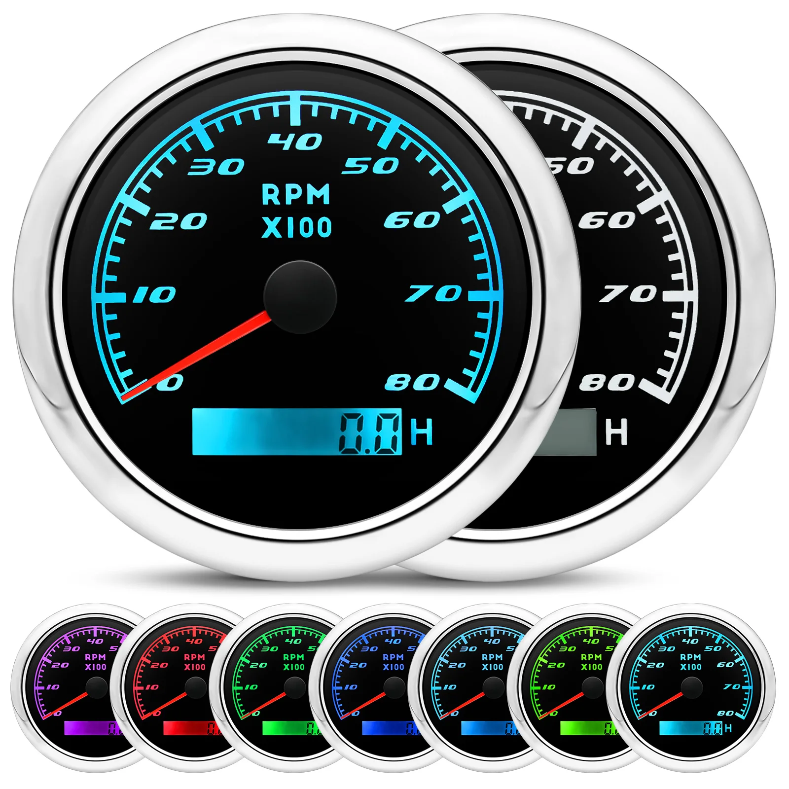 12V/24V 85mm Tachometer 7000/8000 RPM Tacho Gauges With 7 Colors Backlight Hour Meter For Marine Boat Car Yacht RPM Gauge Sensor