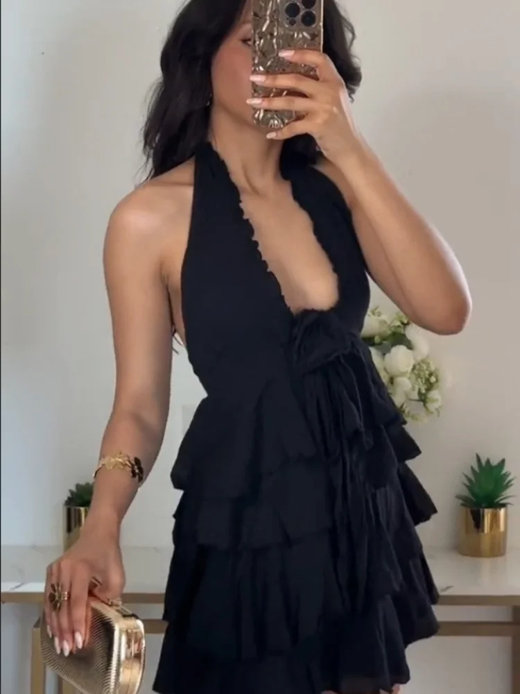 PB&ZA 2024 New Women\'s Fashion Solid Color Versatile Deep V-neck Flower Bow Off the Shoulder Sexy Sleeveless Dress