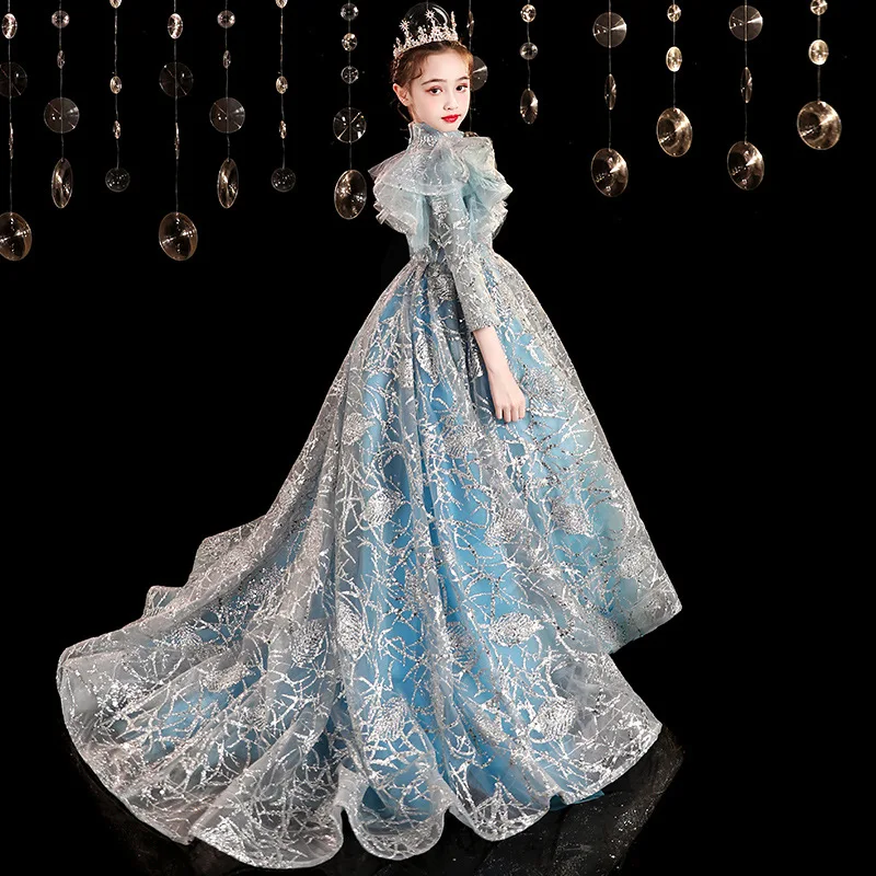 

Вечернее платье с хвостом для девочек, платье принцессы, стильное детское платье с цветочным узором для девочек, детское платье для выступлений на фортепиано, новый летний стиль