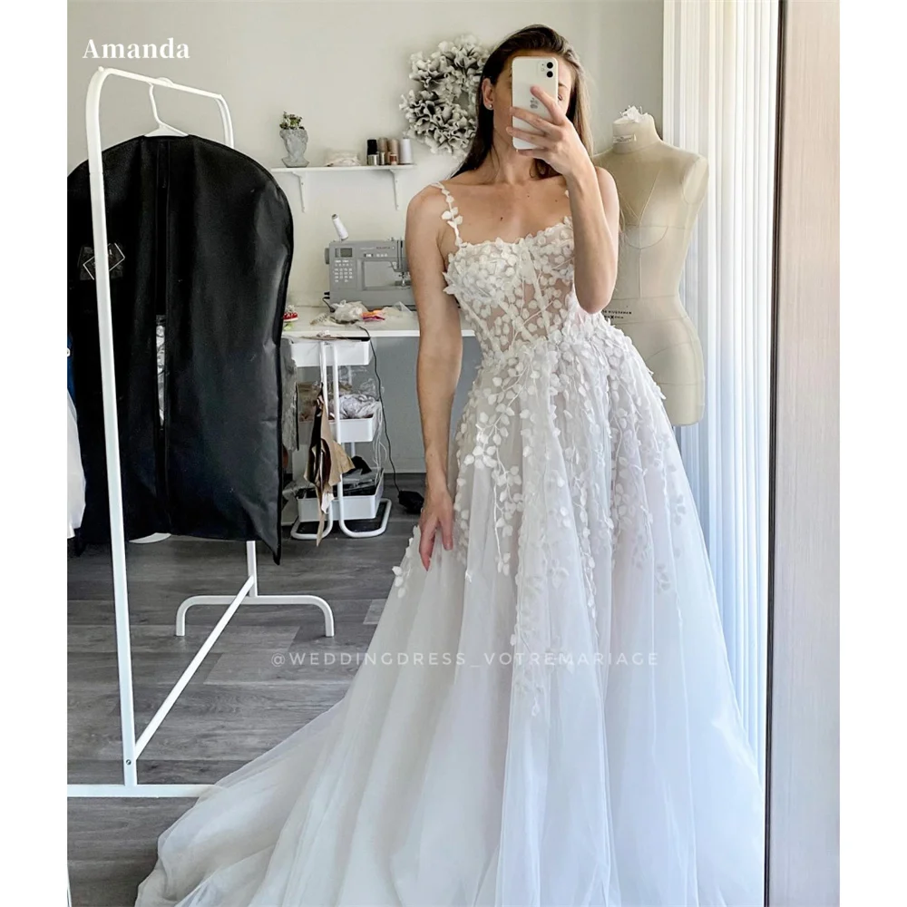 Amanda Customized Lace Tulle robes de soirée Spaghetti Strap A-Line Evening Dresses Floor-Length Wedding Party Wedding Dress