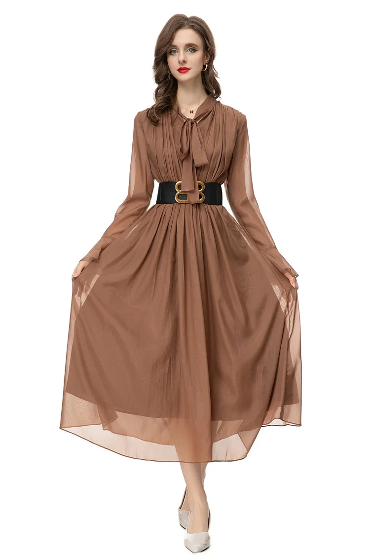 Fashion Designer Summer Mesh Dress Women Frenulum Collar Butterfly Sleeve Vintage Solid Color Slim Pleated Long Dress