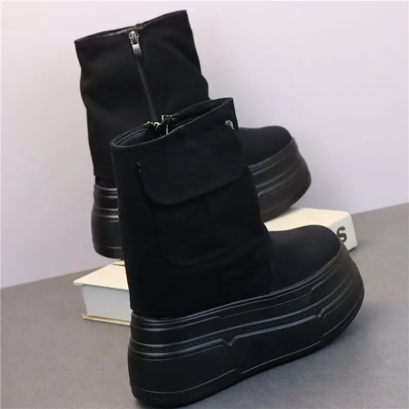 حذاء قماش أبيض عالي القطع للنساء بكعب مخفي 12 سم، حذاء قصير كاجوال للطلاب بتصميم عصري