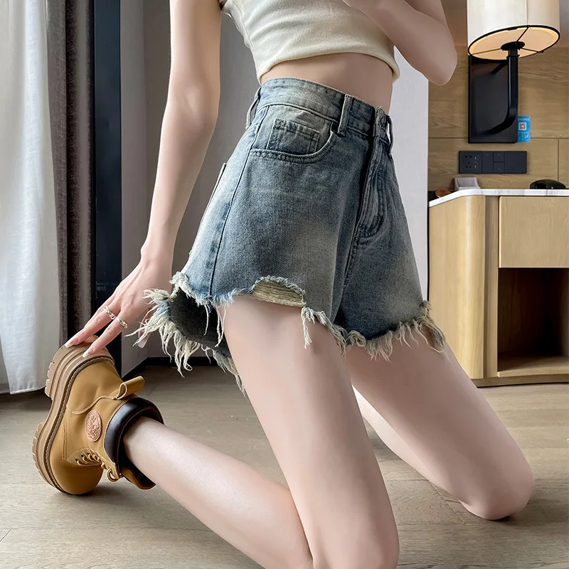 Short à jambes larges pour femmes, nouveau pantalon Vintage déchiré, taille haute, ample, ligne a, tendance, Style fin, été