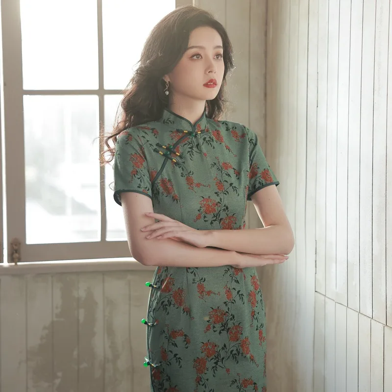 Green Cheongsam New 2023 Young Style Temperament Retro Chinese Old Shanghai Improved Women Qipao Wedding Guest Party Dresses