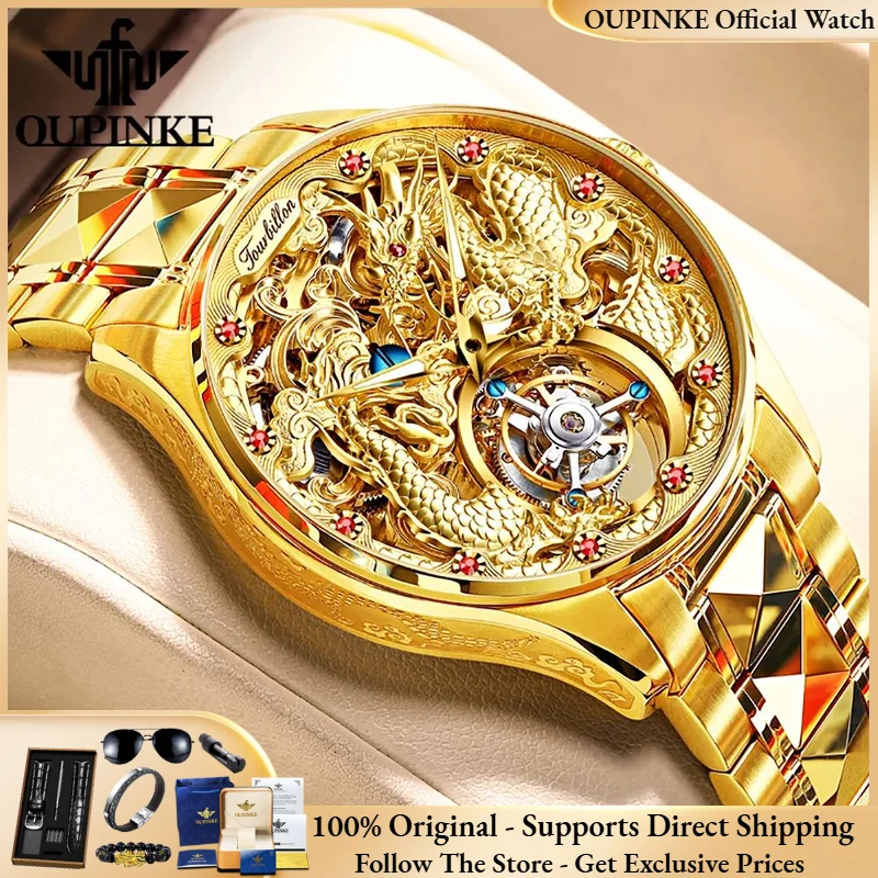 OUPINKE 3176 Tourbillon Golden Dragon Men Watch Luxury Tungsten Steel All Automatic Mechanical Watch Men Original Official Watch