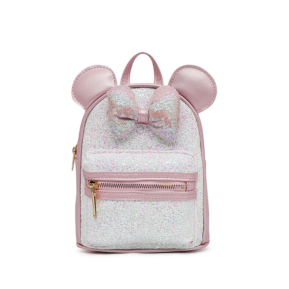 Disney Girls Backpack Kids Fashion Minnie Schoolbags Cute Sequin Bowtie Ears Backpack Children Double Shoulder Schoolbags Gifts