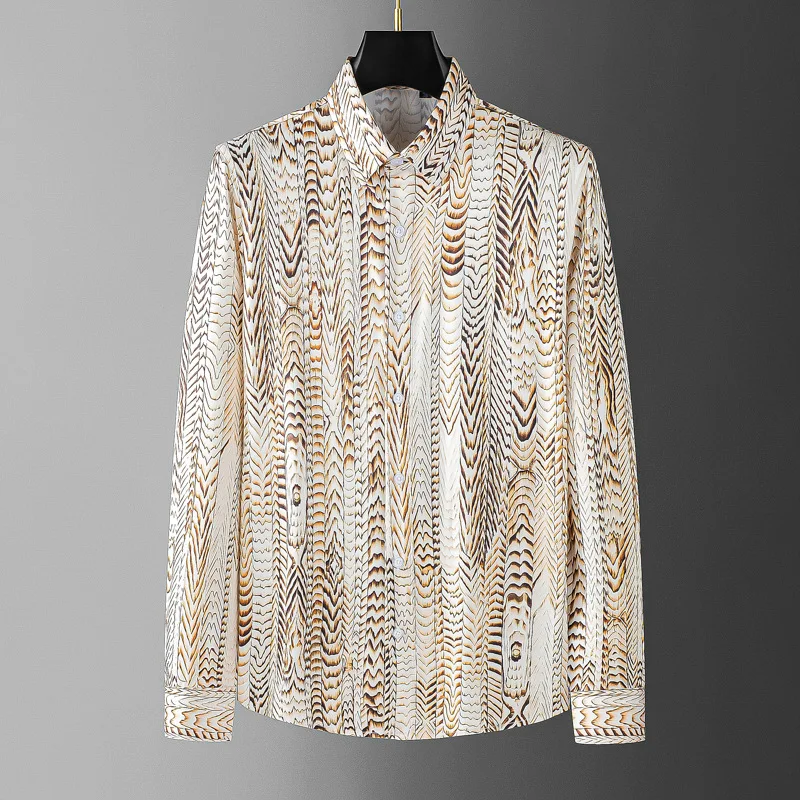 2025 Luxury Striped Printed Long Sleeved Shirt Men's Slim Fit Casual Social Versatile Shirt Business Office Party Formal Shirts