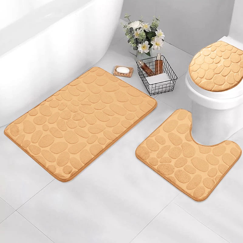 3Pcs/Set Bathroom Cobblestones Embossed Rug,Soft Non-Slip Absorbent Memory Foam Bathroom Floor Mat,Toilet Mat,Bathroom Acces