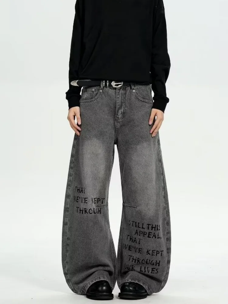 

Одежда 2000-х годов Y2K Стиль с буквенным принтом Винтажные серые мешковатые джинсы Брюки для мужчин Одежда Прямые хлопковые длинные брюки Ropa Hombre