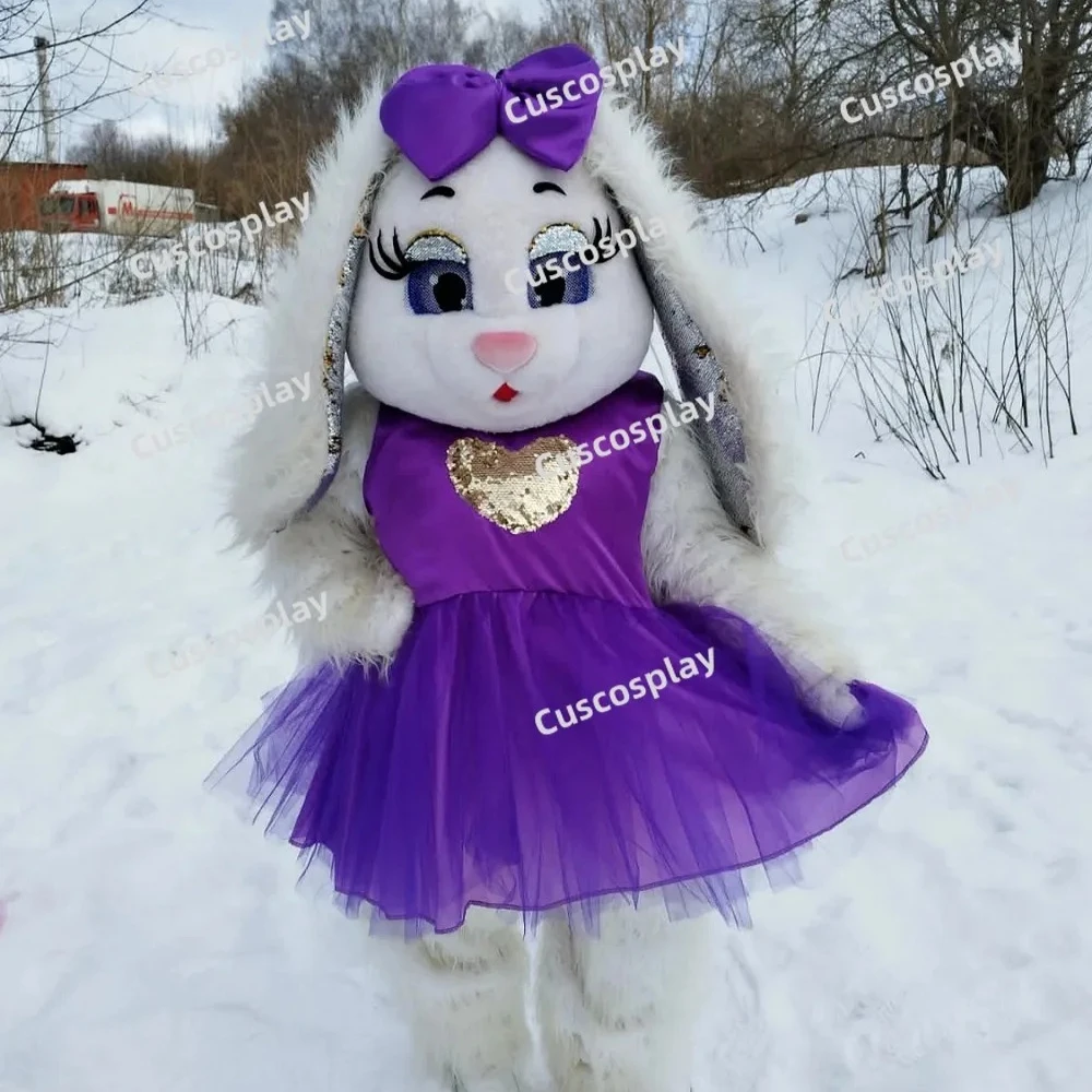 

Cute Plush White Rabbit Hare Mascot Costume Purple Dress Easter Bunny Mascotte Fancy Suits for Halloween Christmas Party