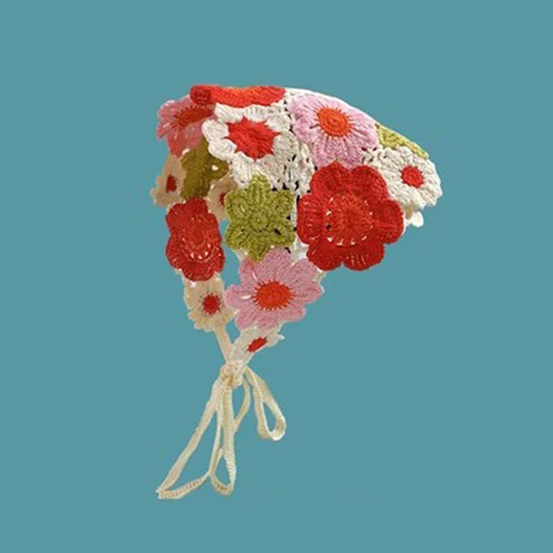 Faixa de Cabelo Feminina Coreana de Crochê Artesanal, Estilo Doce e Fofo, com Design Vazado em Triângulo, Tipo Lenço, para Primavera e Verão, Viagem e Fotos