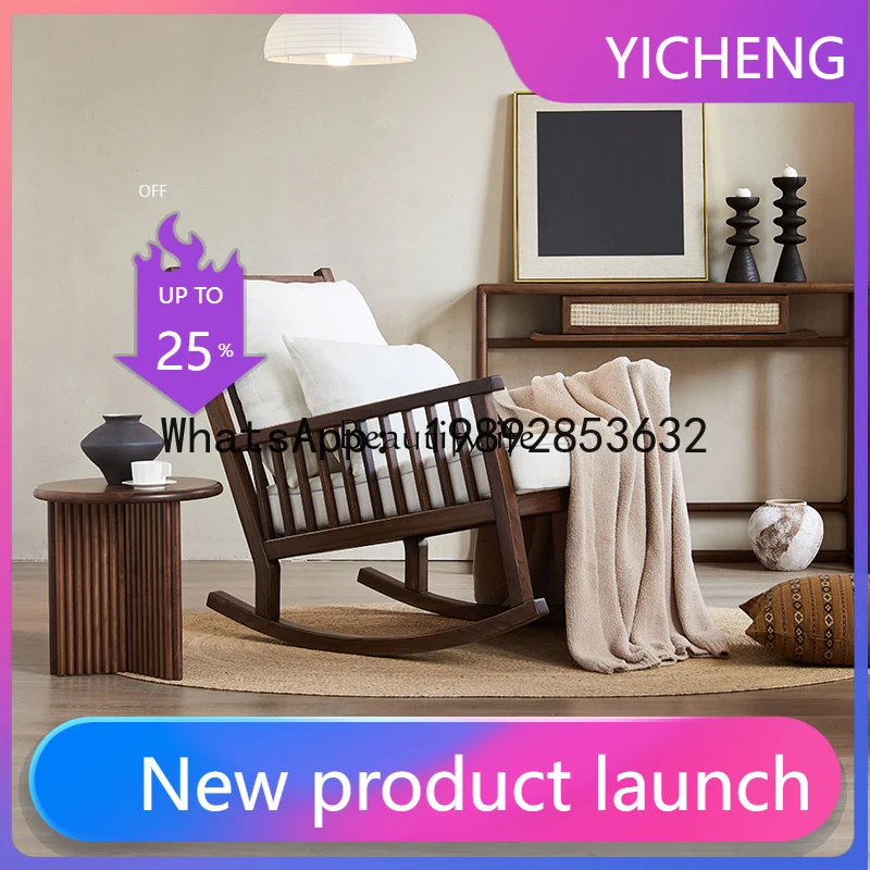 QQ Retro wabi-sabi wind pure solid wood recliner black walnut Mediterranean medieval resort fabric rocking chair