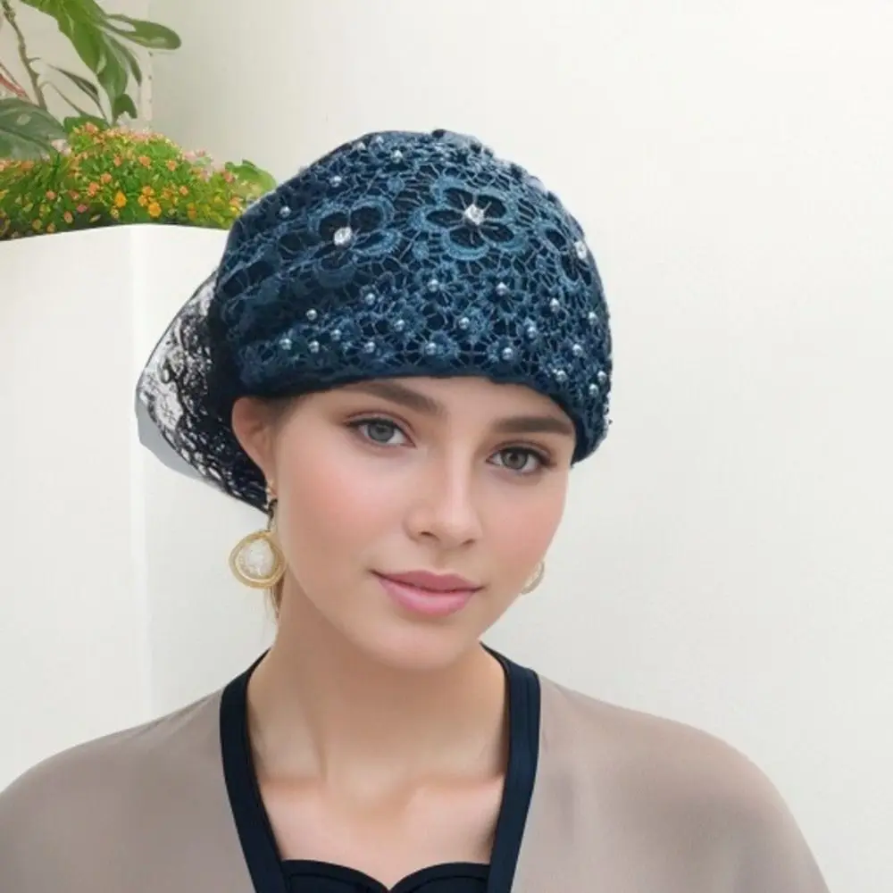 Fashion Flowers Baotou Hat Embroidery Beaded Prayer Hat Lace Summer Muslim Cap Women