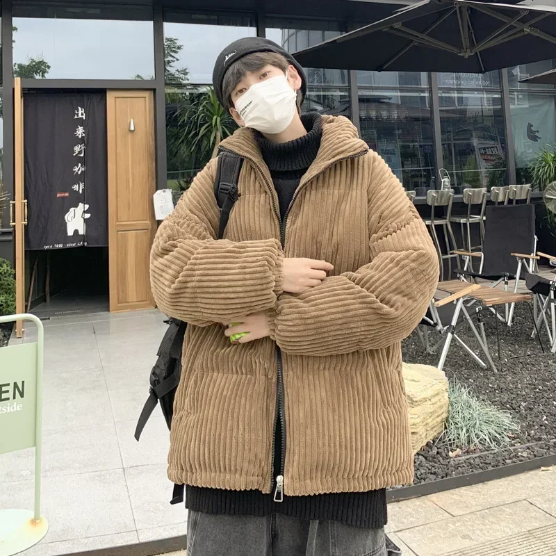 Men Parkas Stand Collar Zipper Cardigan Parka Long Sleeve Solid Striped Spliced Standard Winter Casual Loose Fit Pockets2025