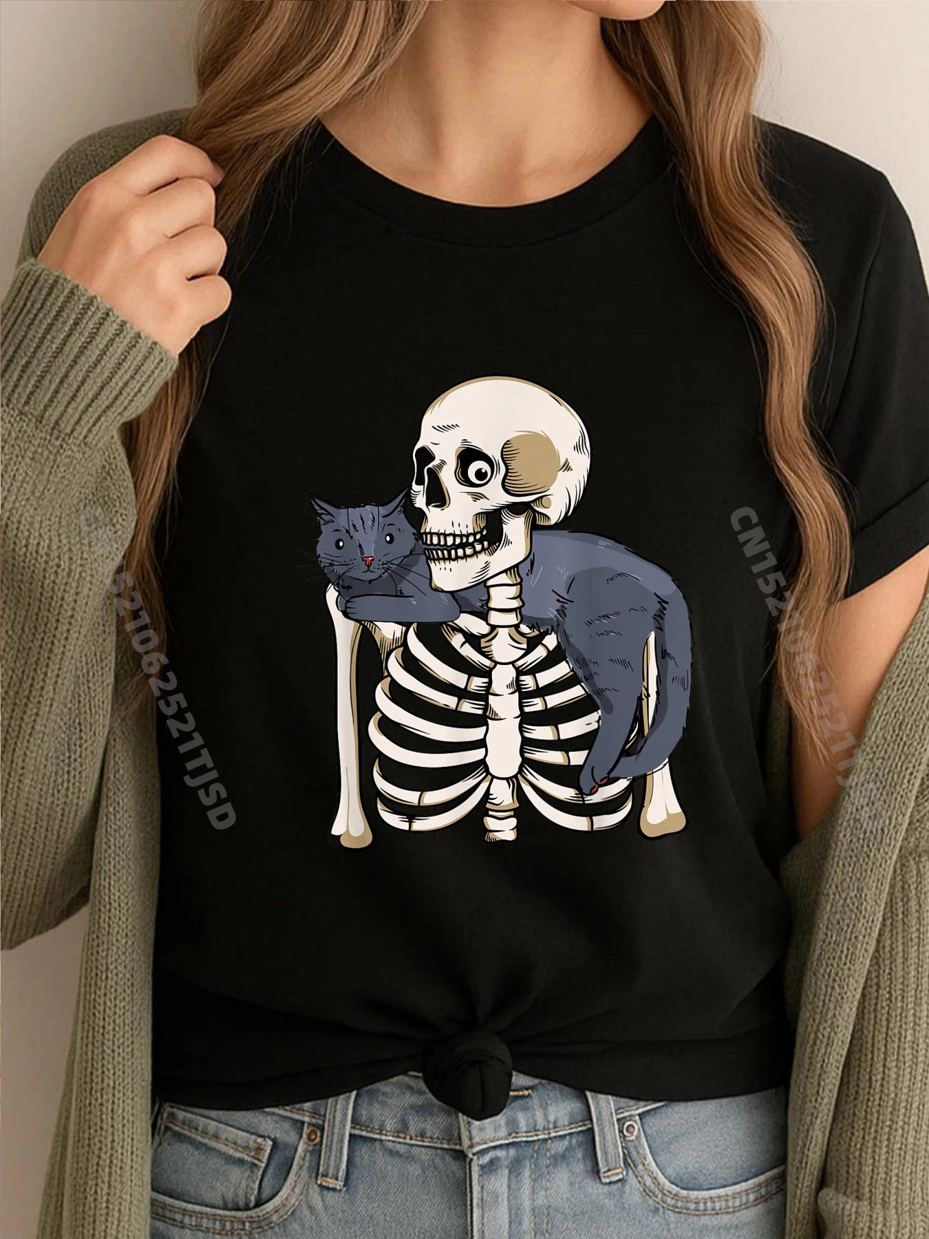 

Skeleton Holding Cat Funny Halloween Cat Lover Mens Korean Fashion Mens Gifts T Shirt Washed Korean