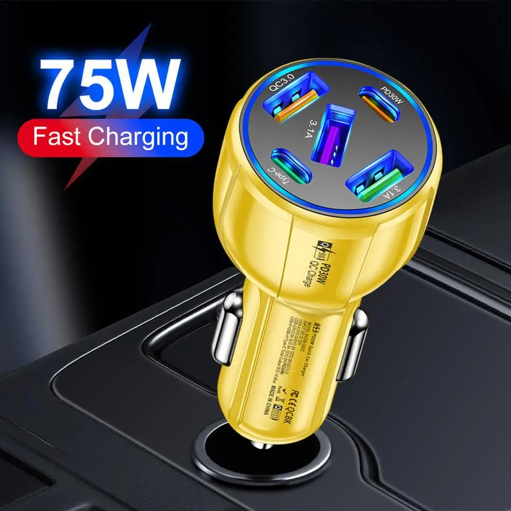 75W 5 Ports USB Car Charger PD Type C Fast Charging Phone Charger In Car For IPhone USB Car Phone Adapter