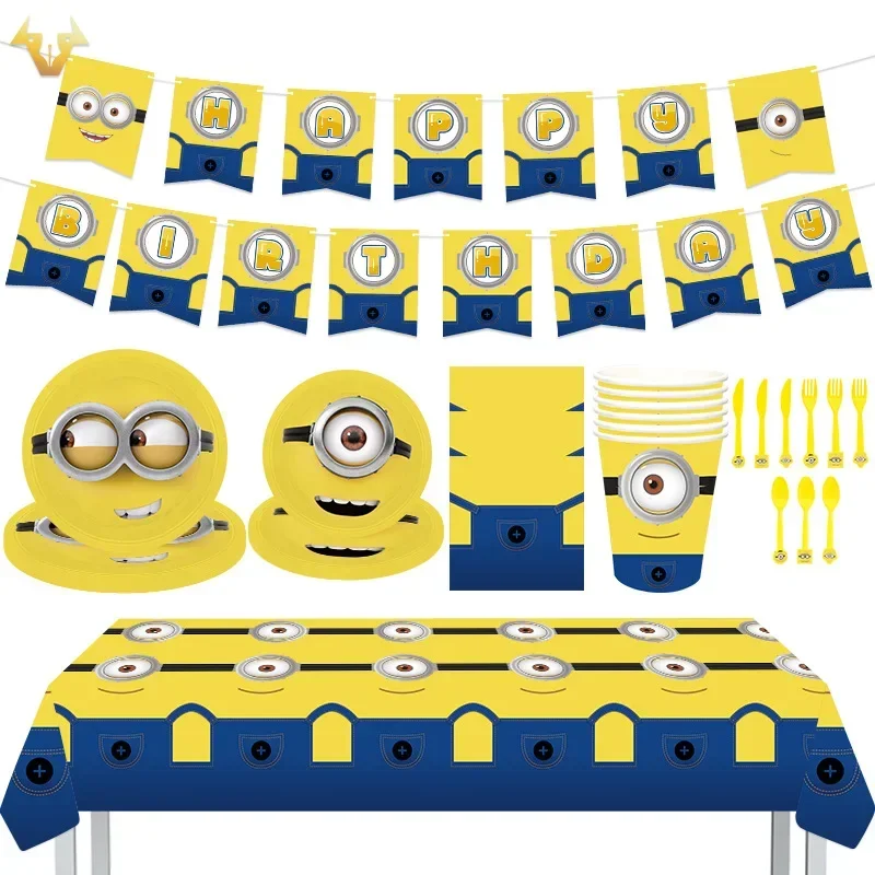 Conjunto de decoración de fiesta de cumpleaños de la serie de Minions de película, Bandera de pastel, Bola de plantación, combinación de decoración de fiesta de cumpleaños