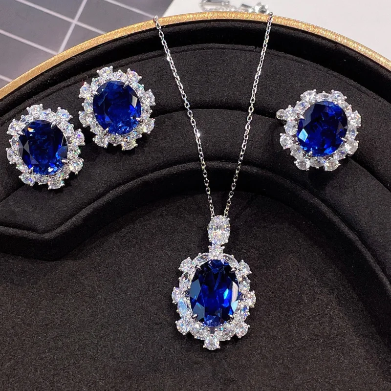 Spinel Blue Corundum Fluorescent Light Color-Changing Open Ring Women's Elegant Pendant Earrings Three-Piece Set