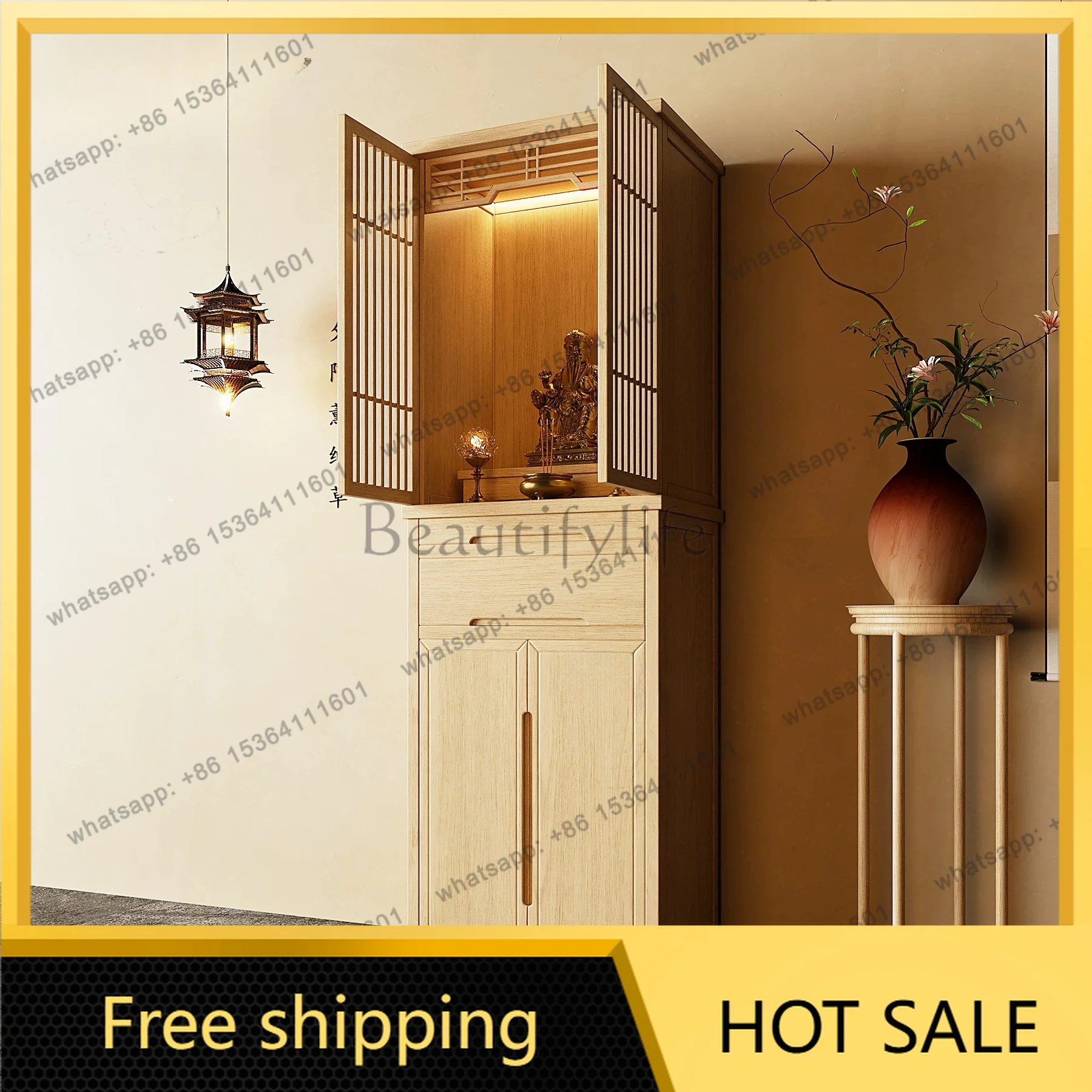 YJ Minimalist Zen New Chinese Standing Altar Cabinet Solid Wood Small Household Home Shrine Table For God of Wealth Worship