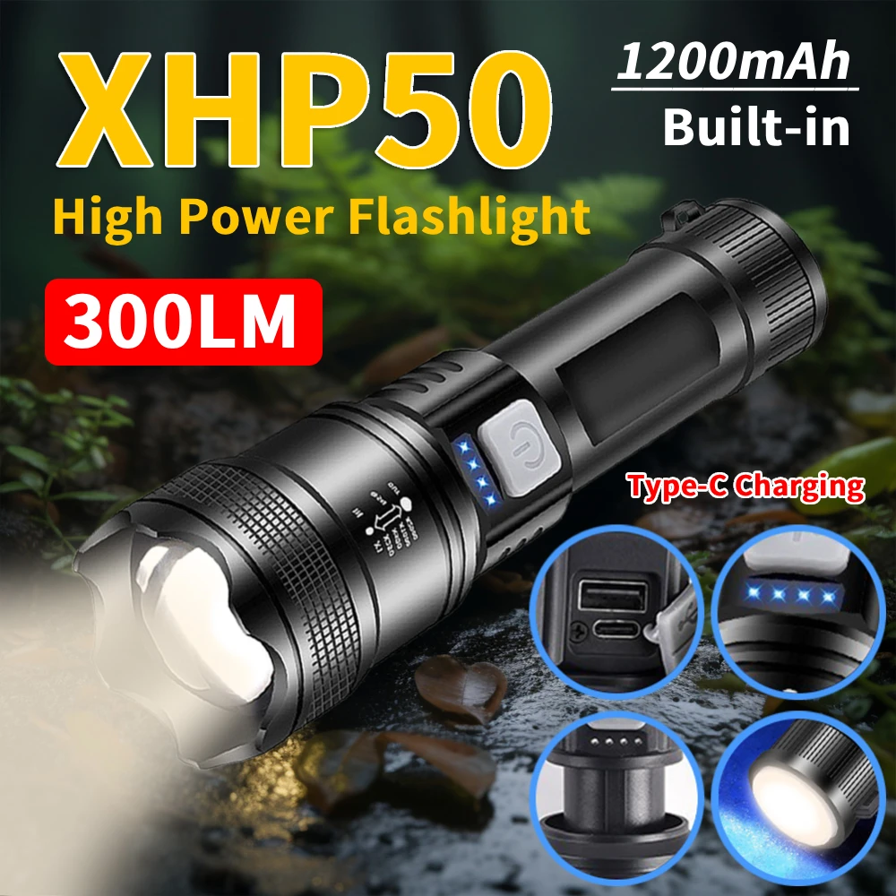 

XHP50 Ручной светодиодный фонарик с зарядкой через USB Мощный светодиодный фонарик Дисплей мощности Супер яркий фонарик 300LM для отключения электроэнергии