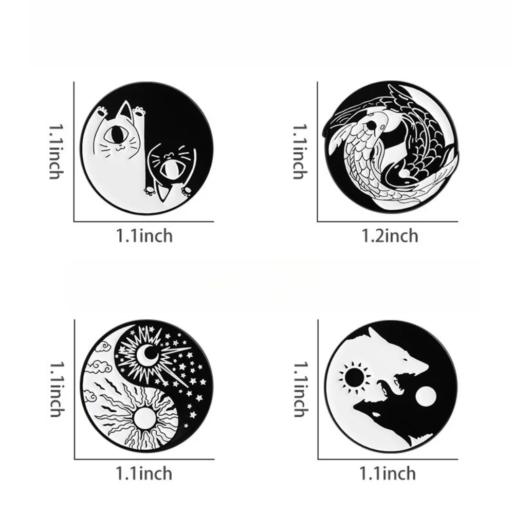 Black and White Tai Chi Wind Brooch Pin Wolf Sun Moon Cat Koi Fish Pins Clothing Bags Accessories Badges