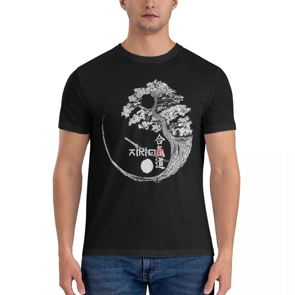 Katana Tree T-Shirt Men Aikido Vintage Pure Cotton Tee Shirt Round Collar Short Sleeve T Shirt Adult Clothing